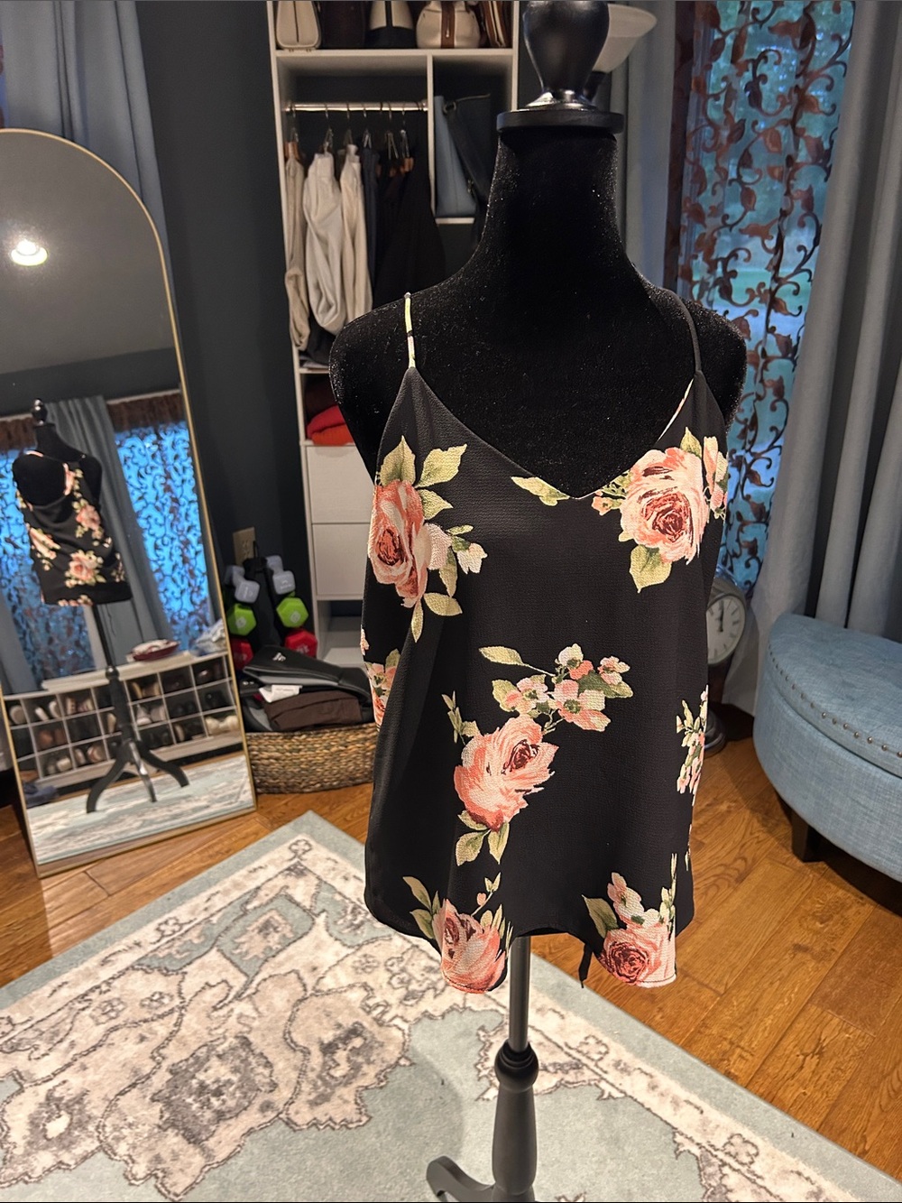 Newbury Kustom Black Floral Satin Tank Top